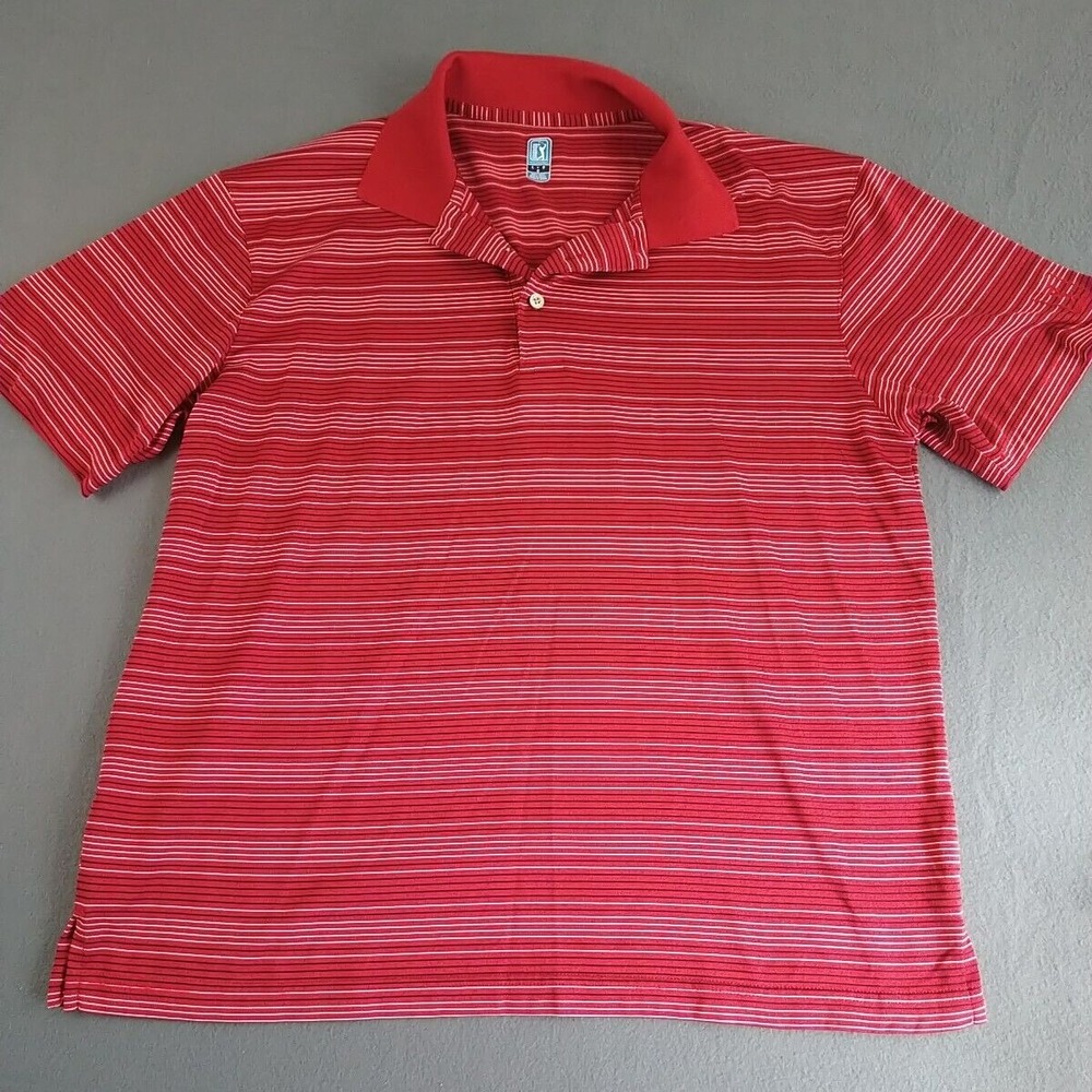 PGA Tour Golf Shirt Mens L Red Stripe Polo Activity Outdoors Sports Stretch